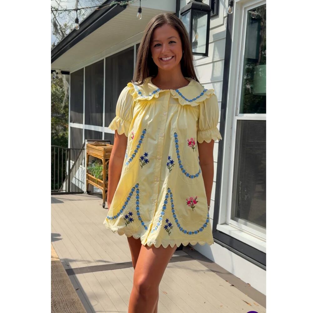 NWOT Rareraw Yellow Embroidered Wilma Cottagecore Mini Dress L